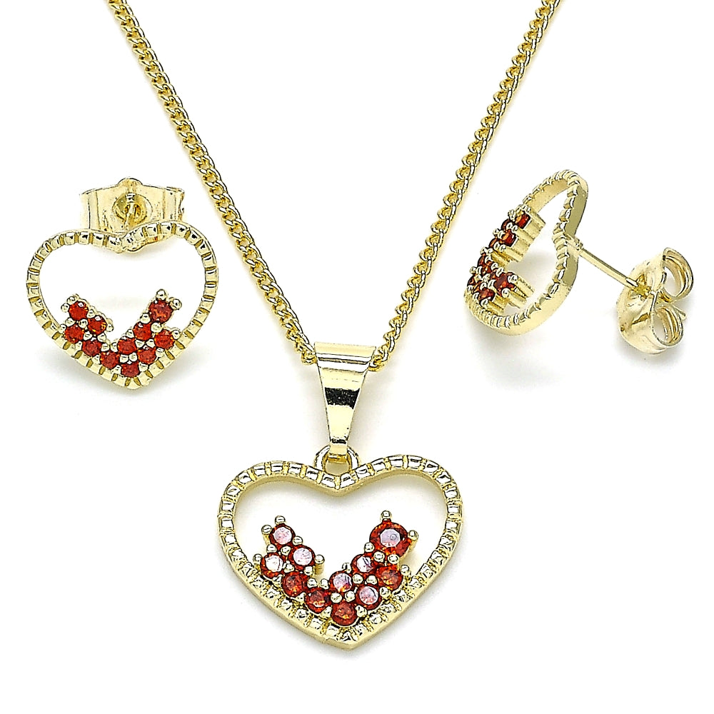 Oro Laminado Earring and Pendant Adult Set, Gold Filled Style Heart Design, with Garnet Micro Pave, Polished, Golden Finish