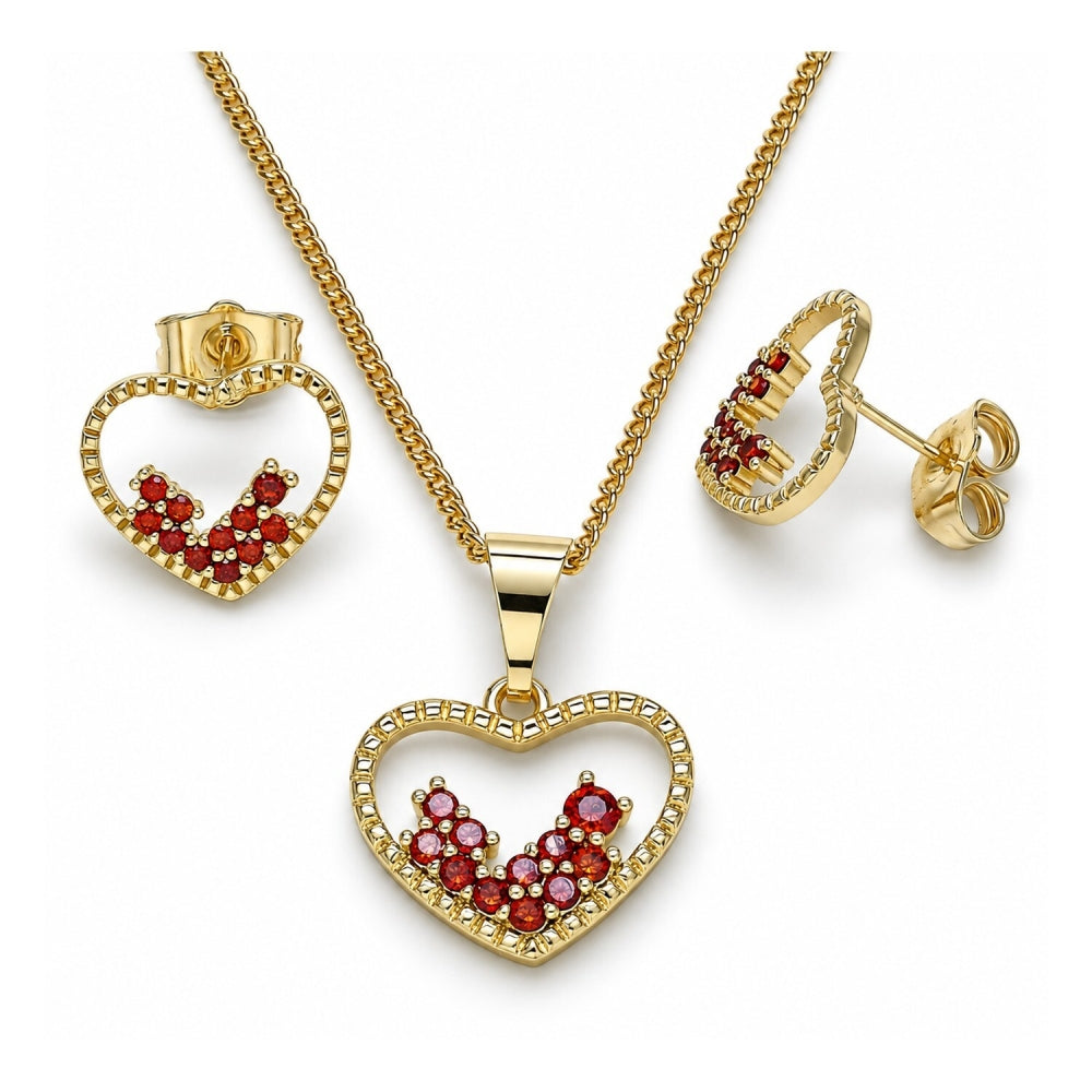 Oro Laminado Earring and Pendant Adult Set, Gold Filled Style Heart Design, with Garnet Micro Pave, Polished, Golden Finish