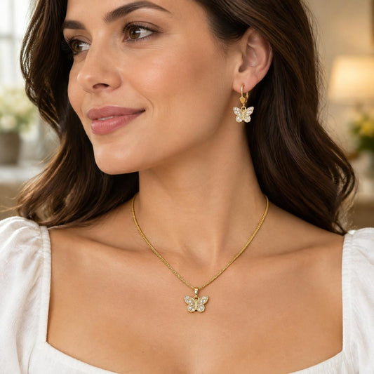 Oro Laminado Earring and Pendant Adult Set, Gold Filled Style Butterfly Design, with White Micro Pave, Polished, Golden Finish