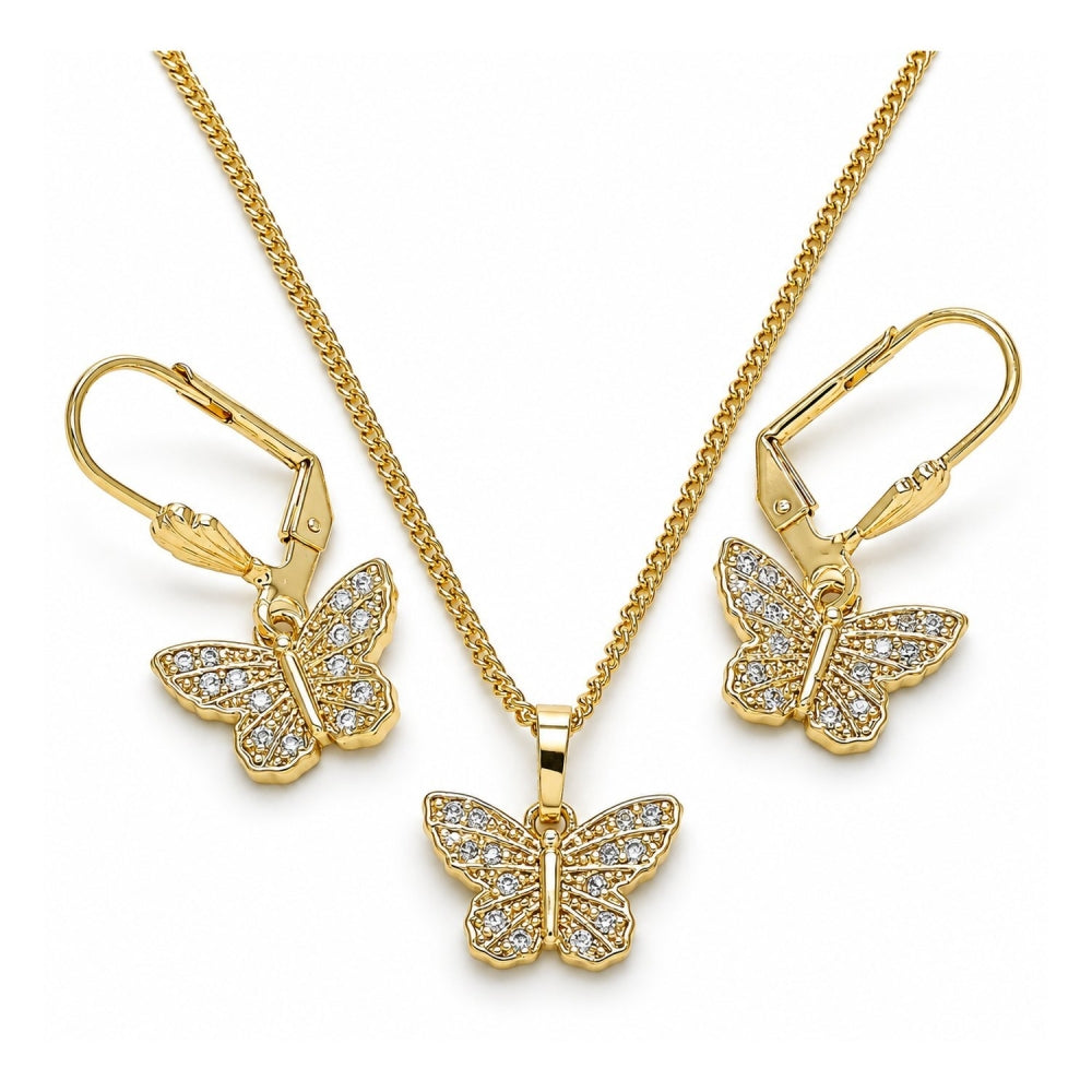 Oro Laminado Earring and Pendant Adult Set, Gold Filled Style Butterfly Design, with White Micro Pave, Polished, Golden Finish