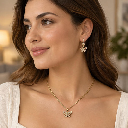 Oro Laminado Earring and Pendant Adult Set, Gold Filled Style Butterfly Design, with Garnet Micro Pave, Polished, Golden Finish