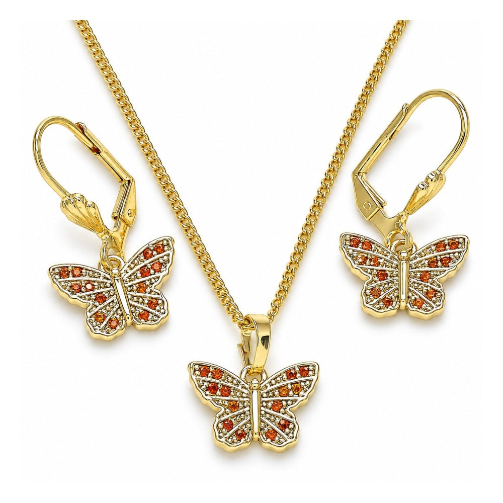 Oro Laminado Earring and Pendant Adult Set, Gold Filled Style Butterfly Design, with Garnet Micro Pave, Polished, Golden Finish