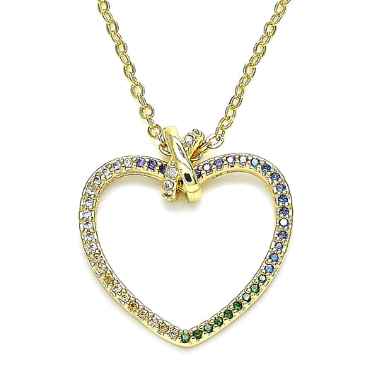 Oro Laminado Pendant Necklace, Gold Filled Style Heart Design, with Multicolor Micro Pave, Polished, Golden Finish