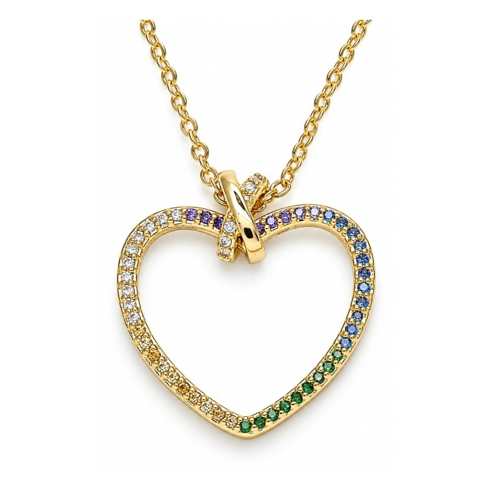 Oro Laminado Pendant Necklace, Gold Filled Style Heart Design, with Multicolor Micro Pave, Polished, Golden Finish