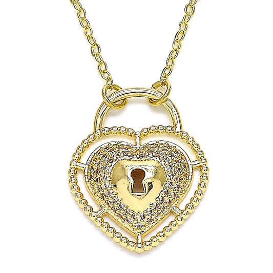Oro Laminado Pendant Necklace, Gold Filled Style Lock and Heart Design, with White Micro Pave, Polished, Golden Finish