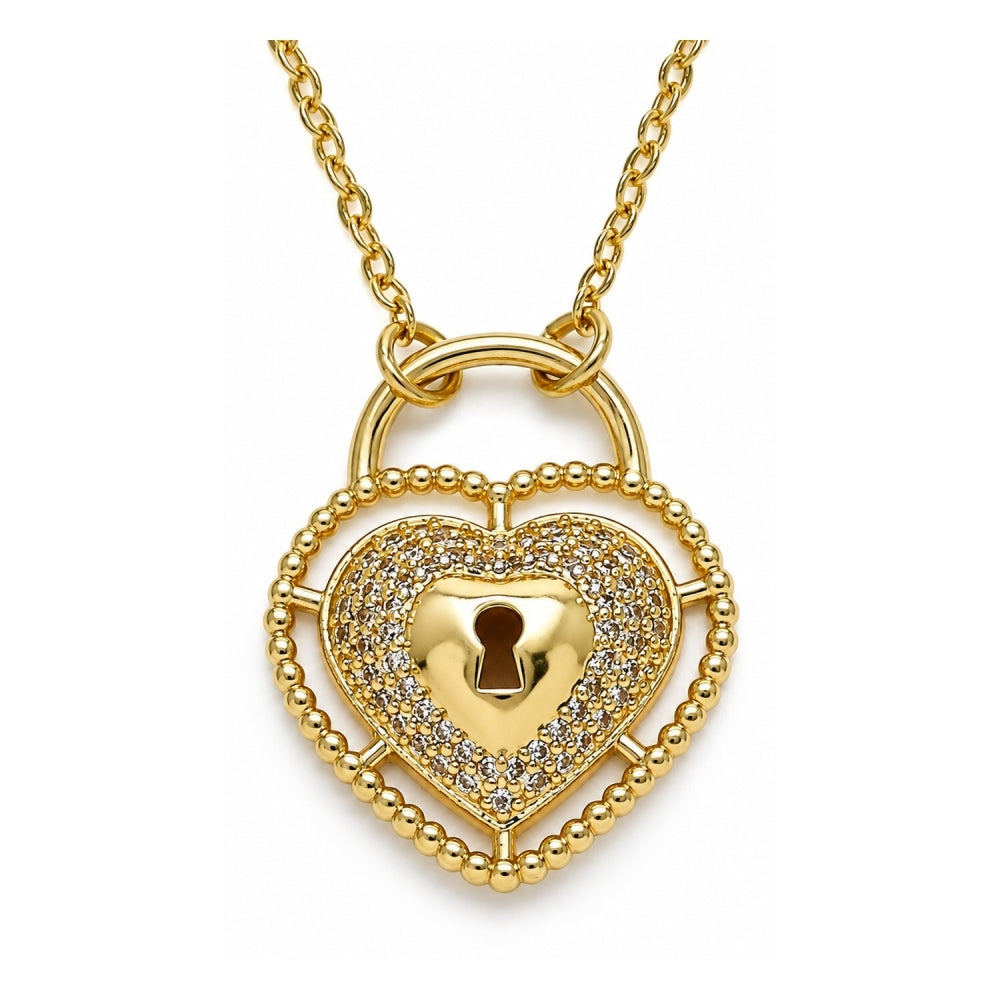 Oro Laminado Pendant Necklace, Gold Filled Style Lock and Heart Design, with White Micro Pave, Polished, Golden Finish