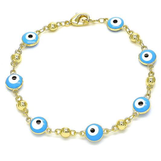 Oro Laminado Fancy Bracelet, Gold Filled Style Evil Eye Design, Turquoise Enamel Finish, Golden Finish