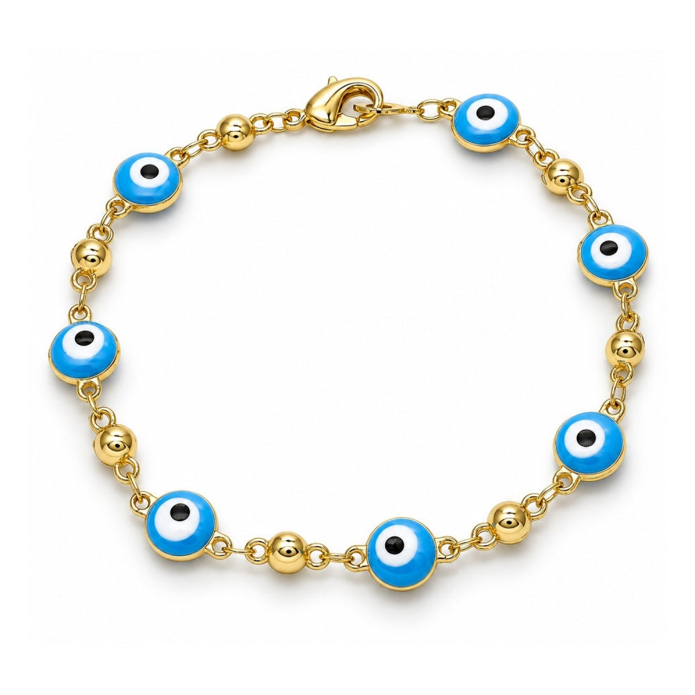 Oro Laminado Fancy Bracelet, Gold Filled Style Evil Eye Design, Turquoise Enamel Finish, Golden Finish