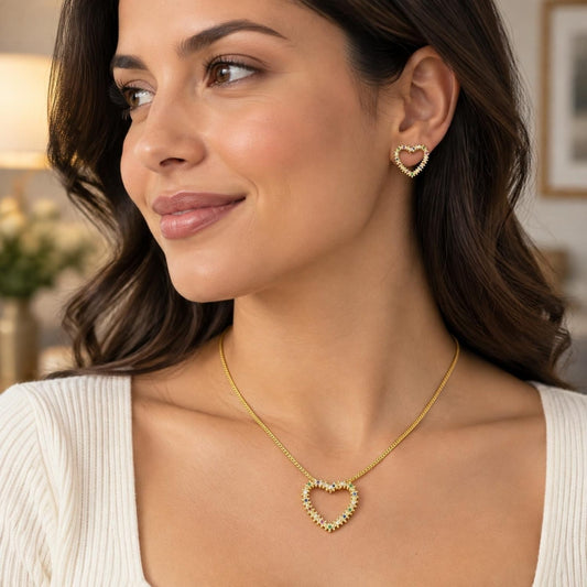 Oro Laminado Earring and Pendant Adult Set, Gold Filled Style Heart Design, with Multicolor Micro Pave, Polished, Golden Finish
