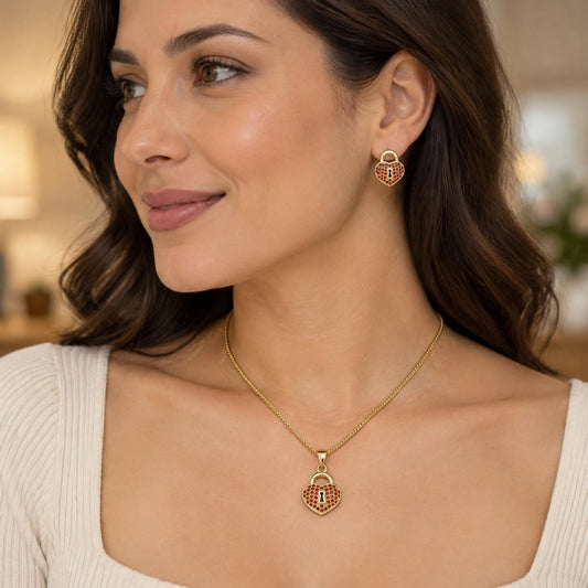 Oro Laminado Earring and Pendant Adult Set, Gold Filled Style Lock and Heart Design, with Garnet Micro Pave, Polished, Golden Finish