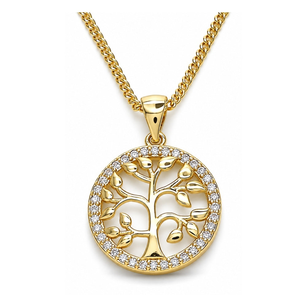 Oro Laminado Pendant Necklace, Gold Filled Style Tree Design, with White Micro Pave, Polished, Golden Finish