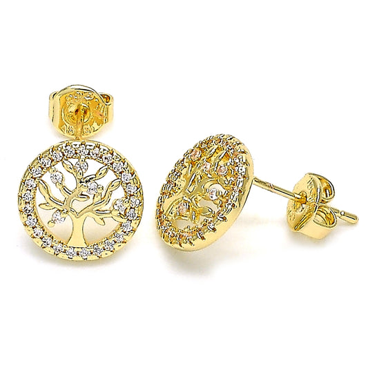 Oro Laminado Stud Earring, Gold Filled Style Tree Design, with White Micro Pave, Polished, Golden Finish