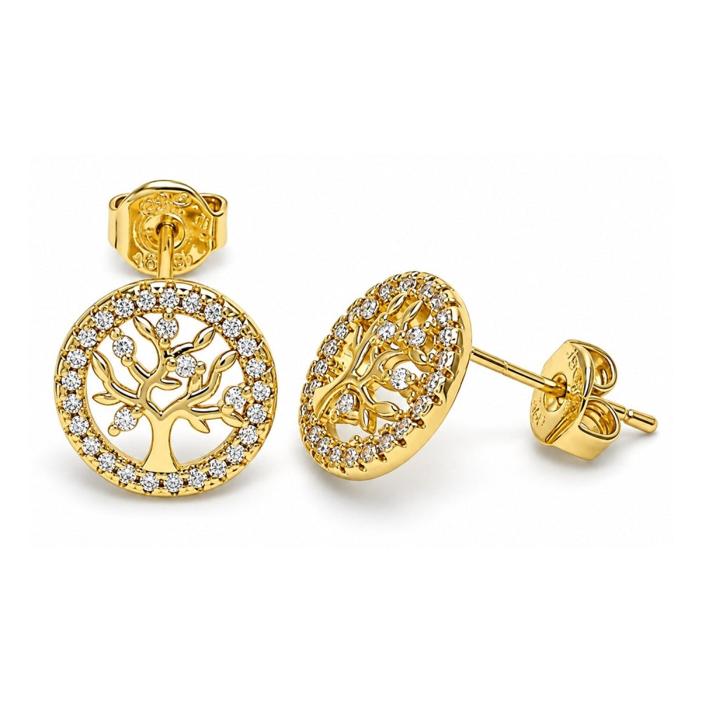 Oro Laminado Stud Earring, Gold Filled Style Tree Design, with White Micro Pave, Polished, Golden Finish