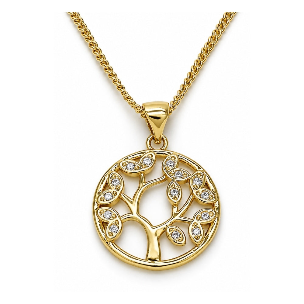 Oro Laminado Pendant Necklace, Gold Filled Style Tree Design, with White Micro Pave, Polished, Golden Finish