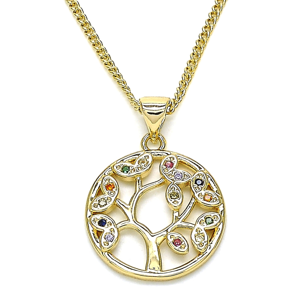 Oro Laminado Pendant Necklace, Gold Filled Style Tree Design, with Multicolor Micro Pave, Polished, Golden Finish