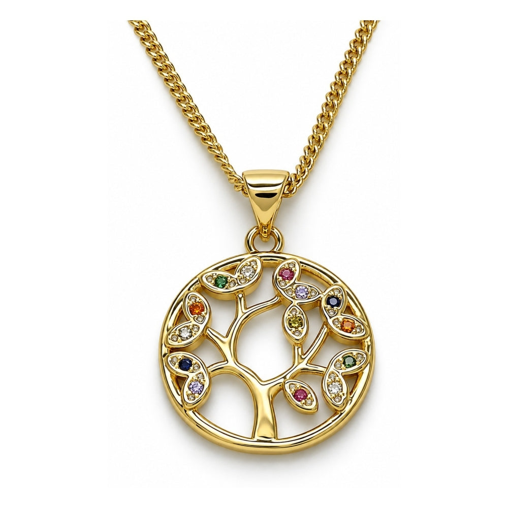 Oro Laminado Pendant Necklace, Gold Filled Style Tree Design, with Multicolor Micro Pave, Polished, Golden Finish