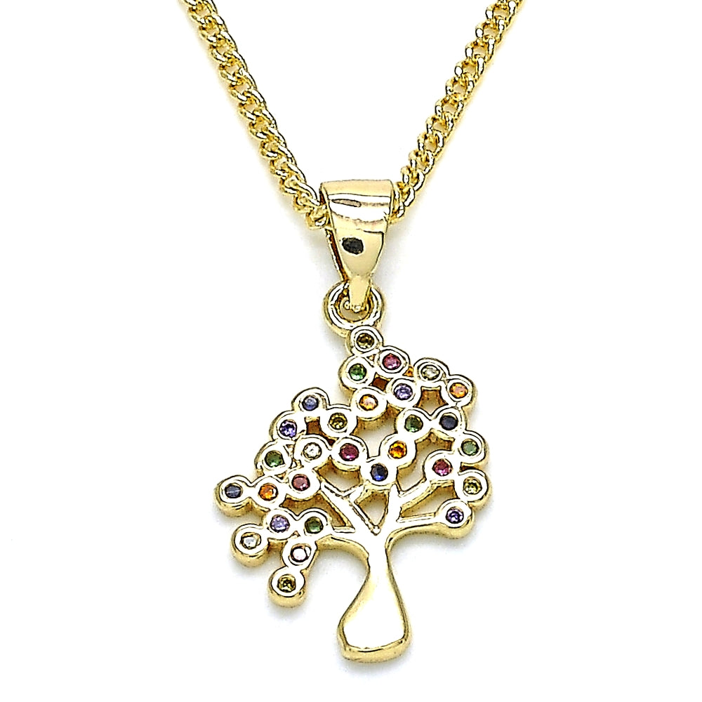 Oro Laminado Pendant Necklace, Gold Filled Style Tree Design, with Multicolor Micro Pave, Polished, Golden Finish