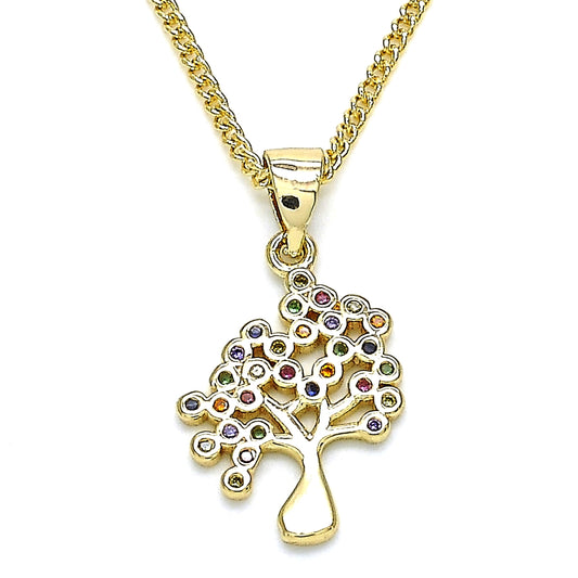 Oro Laminado Pendant Necklace, Gold Filled Style Tree Design, with Multicolor Micro Pave, Polished, Golden Finish