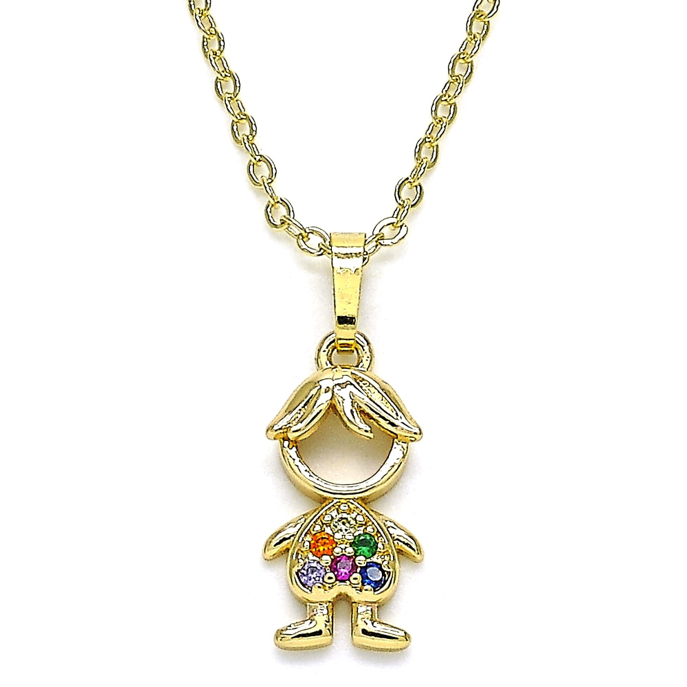 Oro Laminado Pendant Necklace, Gold Filled Style Little Boy Design, with Multicolor Micro Pave, Polished, Golden Finish