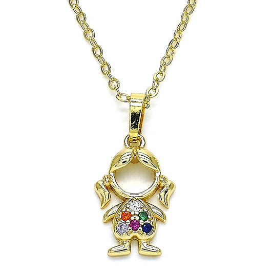 Oro Laminado Pendant Necklace, Gold Filled Style Little Girl Design, with Multicolor Micro Pave, Polished, Golden Finish