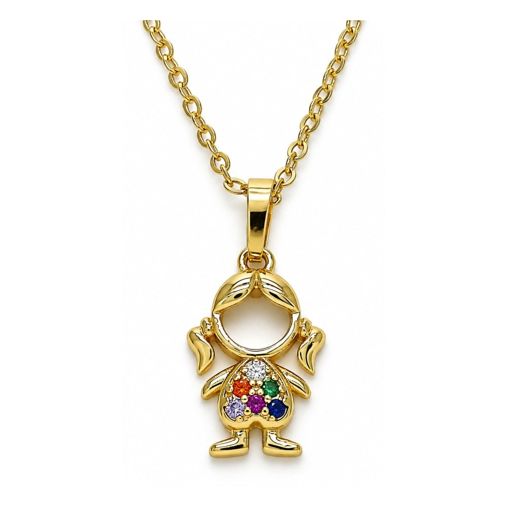 Oro Laminado Pendant Necklace, Gold Filled Style Little Girl Design, with Multicolor Micro Pave, Polished, Golden Finish