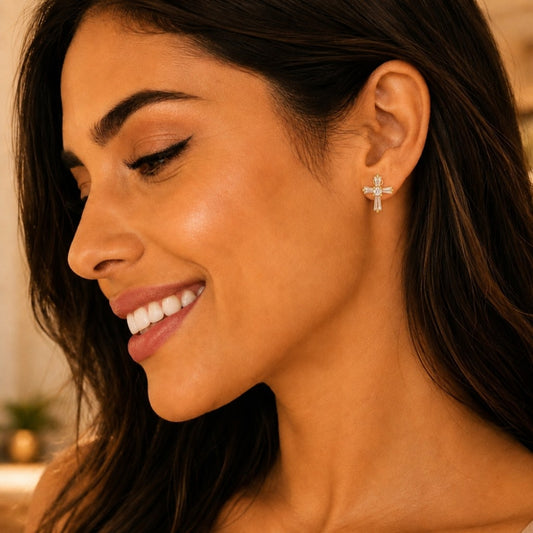Oro Laminado Stud Earring, Gold Filled Style Cross and Baguette Design, with White Cubic Zirconia, Polished, Golden Finish