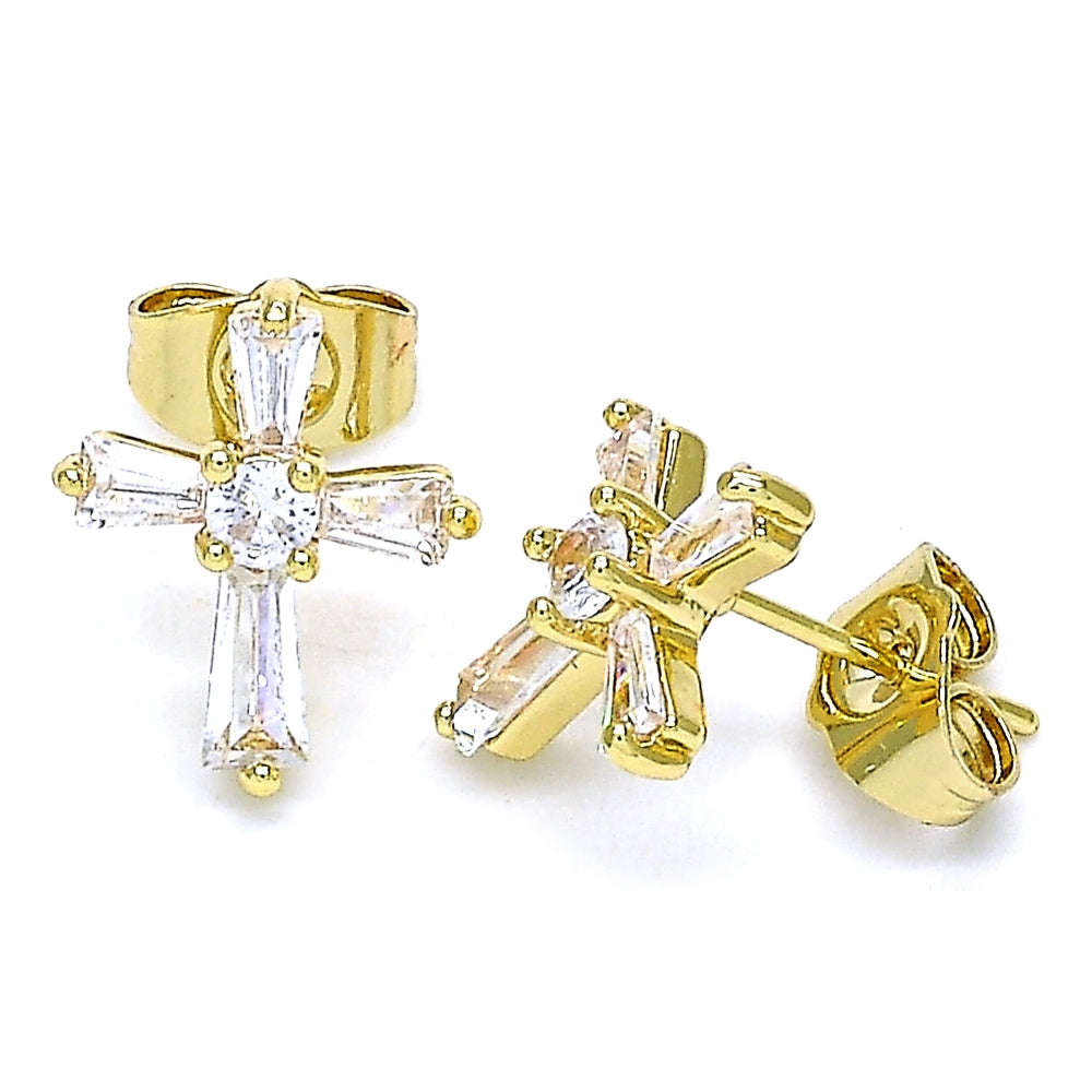 Oro Laminado Stud Earring, Gold Filled Style Cross and Baguette Design, with White Cubic Zirconia, Polished, Golden Finish