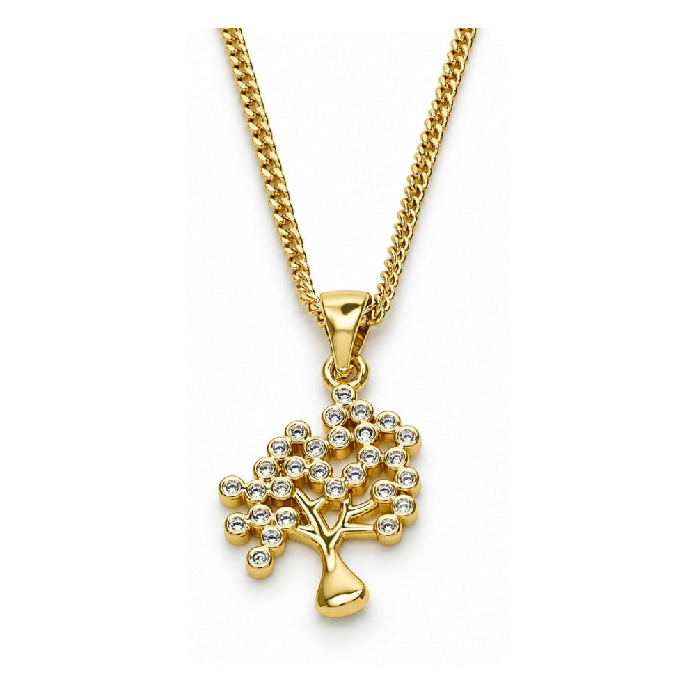 Oro Laminado Pendant Necklace, Gold Filled Style Tree Design, with White Micro Pave, Polished, Golden Finish