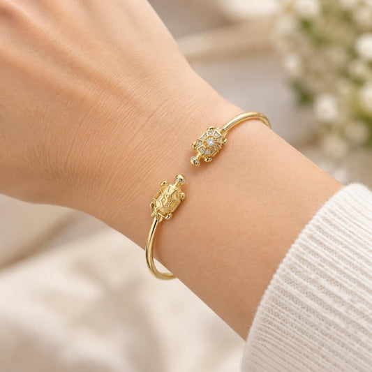 Oro Laminado Individual Bangle, Gold Filled Style Turtle Design, with White Micro Pave, Polished, Golden Finish