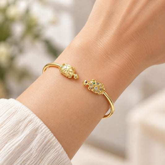 Oro Laminado Individual Bangle, Gold Filled Style Turtle Design, with Multicolor Micro Pave, Polished, Golden Finish