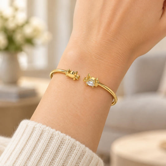 Oro Laminado Individual Bangle, Gold Filled Style Turtle Design, with White Micro Pave, Polished, Golden Finish