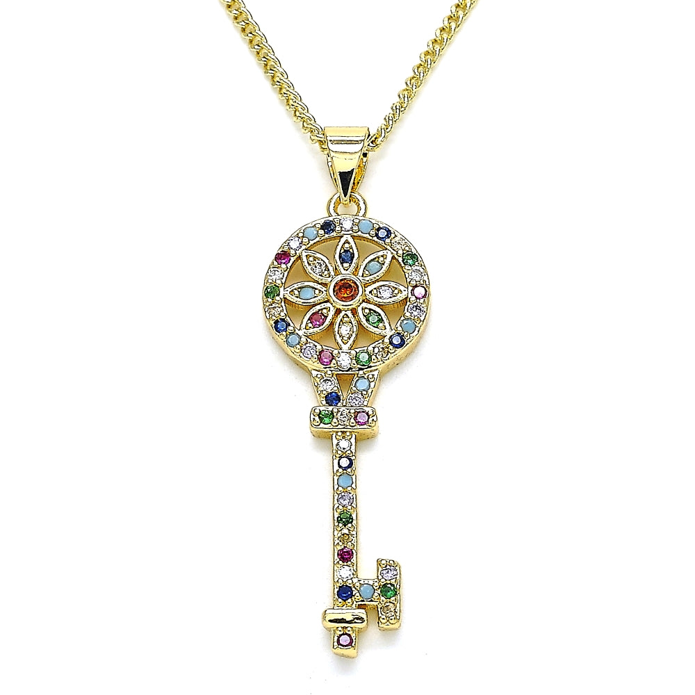 Oro Laminado Pendant Necklace, Gold Filled Style key and Flower Design, with Multicolor Micro Pave, Polished, Golden Finish