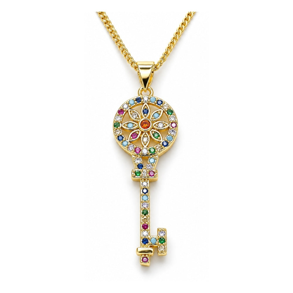 Oro Laminado Pendant Necklace, Gold Filled Style key and Flower Design, with Multicolor Micro Pave, Polished, Golden Finish