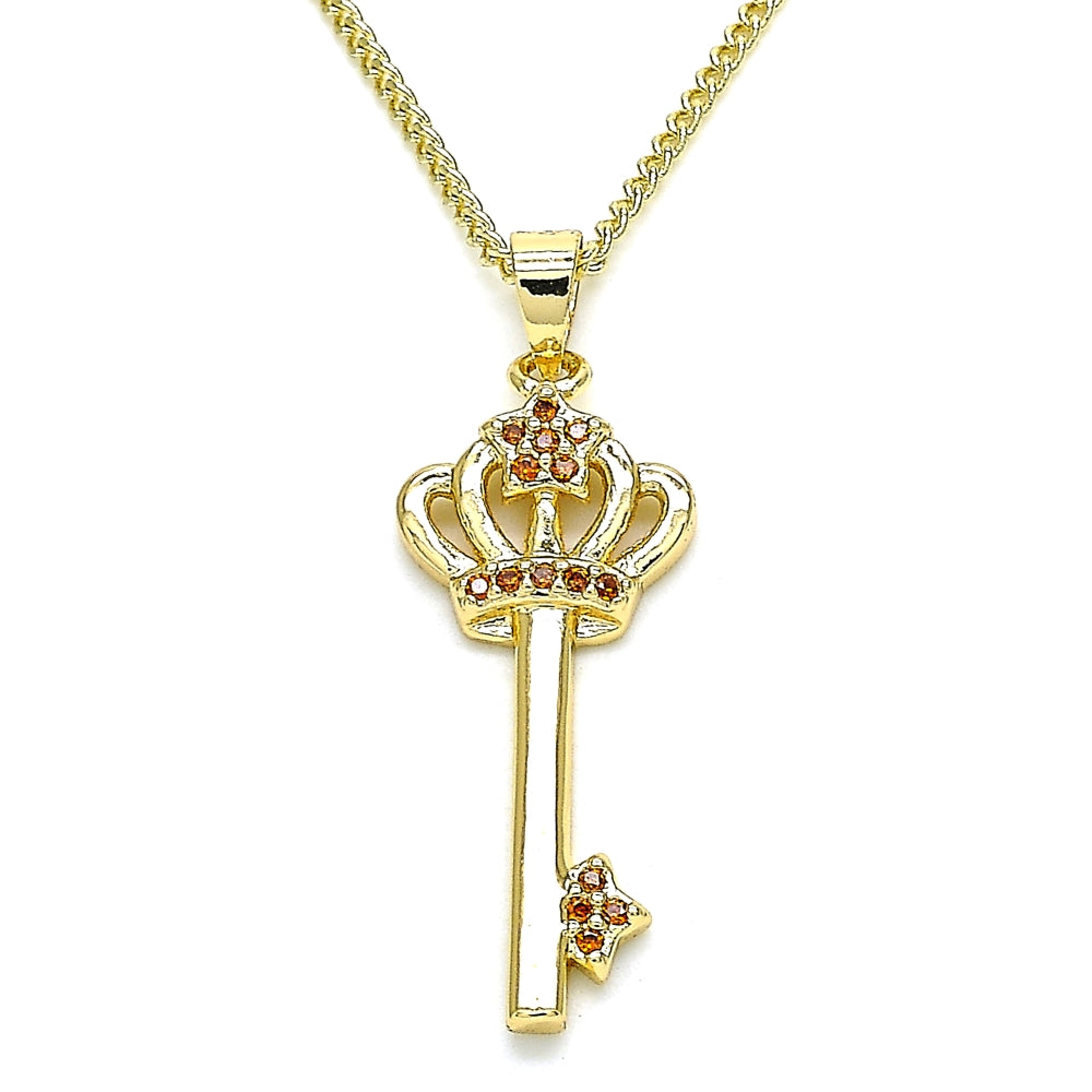 Oro Laminado Pendant Necklace, Gold Filled Style key and Crown Design, with Garnet Micro Pave, Polished, Golden Finish