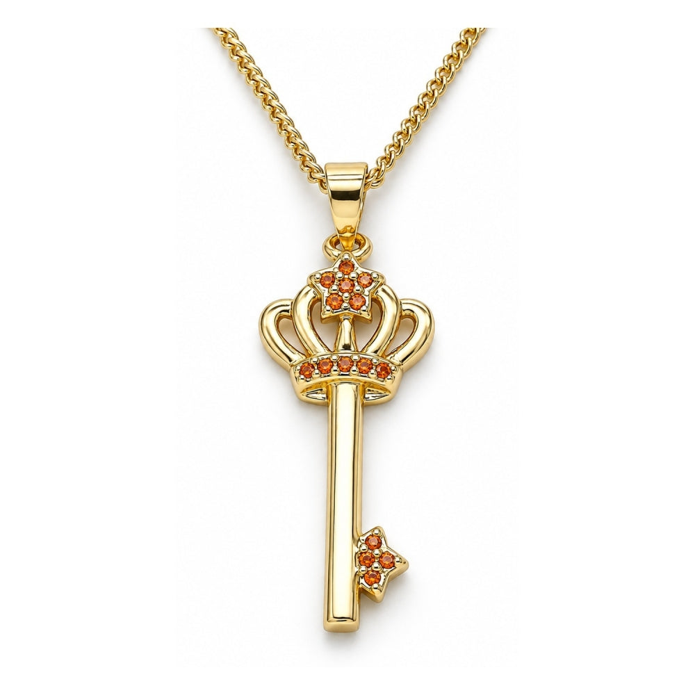 Oro Laminado Pendant Necklace, Gold Filled Style key and Crown Design, with Garnet Micro Pave, Polished, Golden Finish