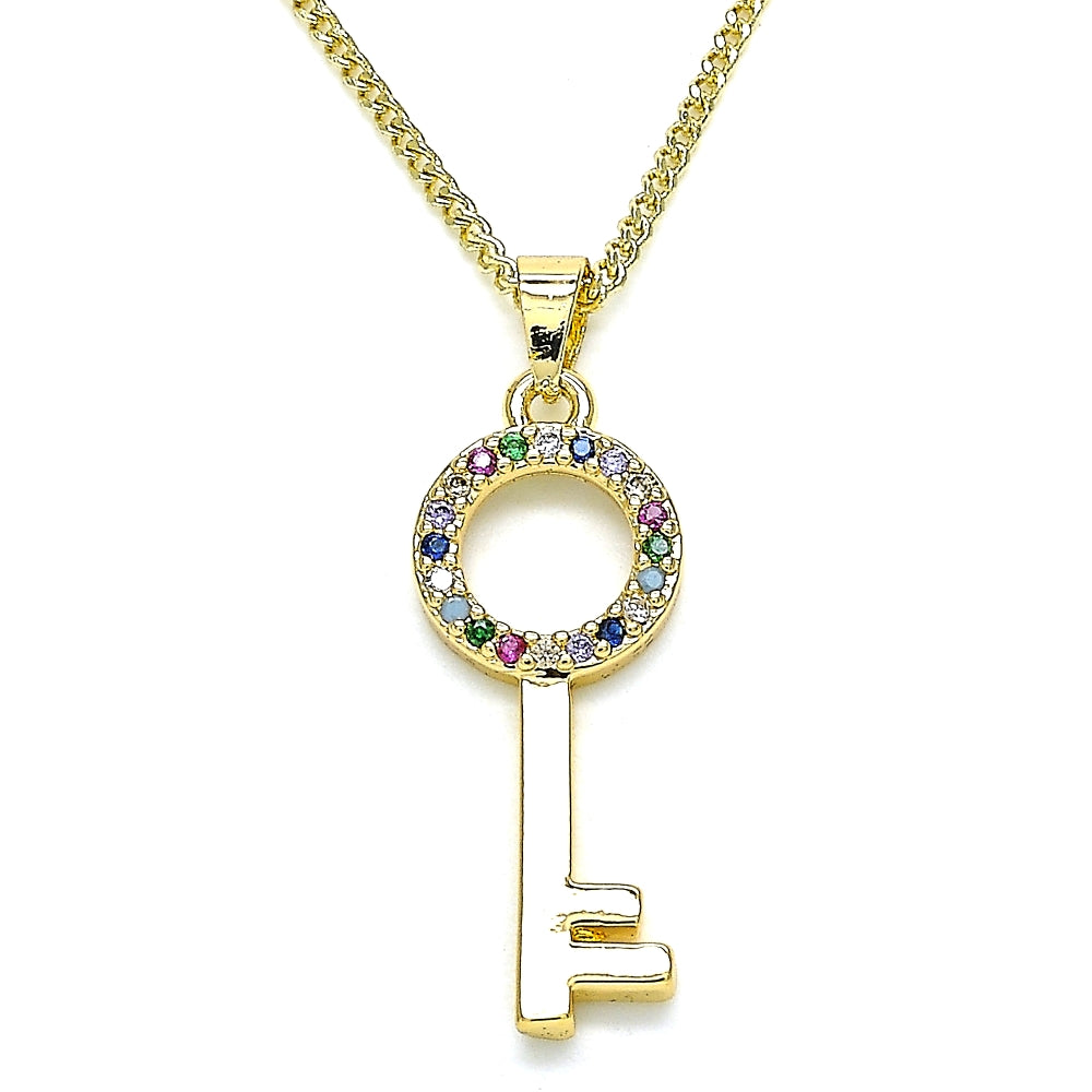 Oro Laminado Pendant Necklace, Gold Filled Style key Design, with Multicolor Micro Pave, Polished, Golden Finish
