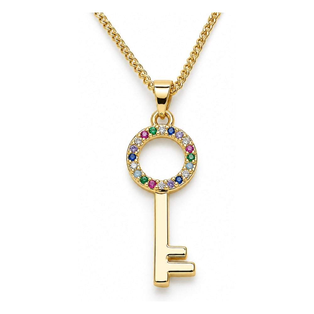 Oro Laminado Pendant Necklace, Gold Filled Style key Design, with Multicolor Micro Pave, Polished, Golden Finish