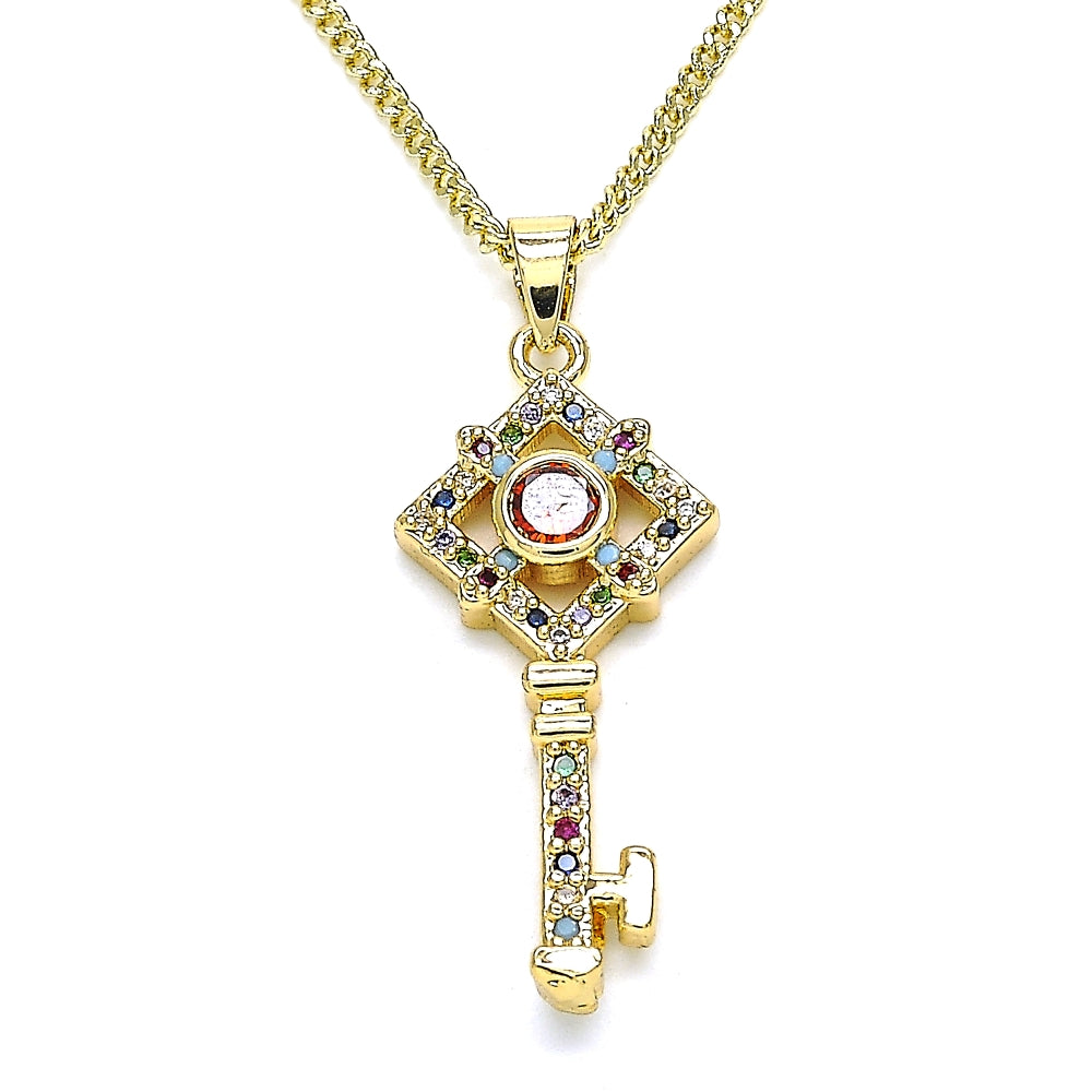 Oro Laminado Pendant Necklace, Gold Filled Style key Design, with Multicolor Micro Pave, Polished, Golden Finish