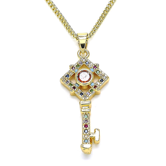 Oro Laminado Pendant Necklace, Gold Filled Style key Design, with Multicolor Micro Pave, Polished, Golden Finish