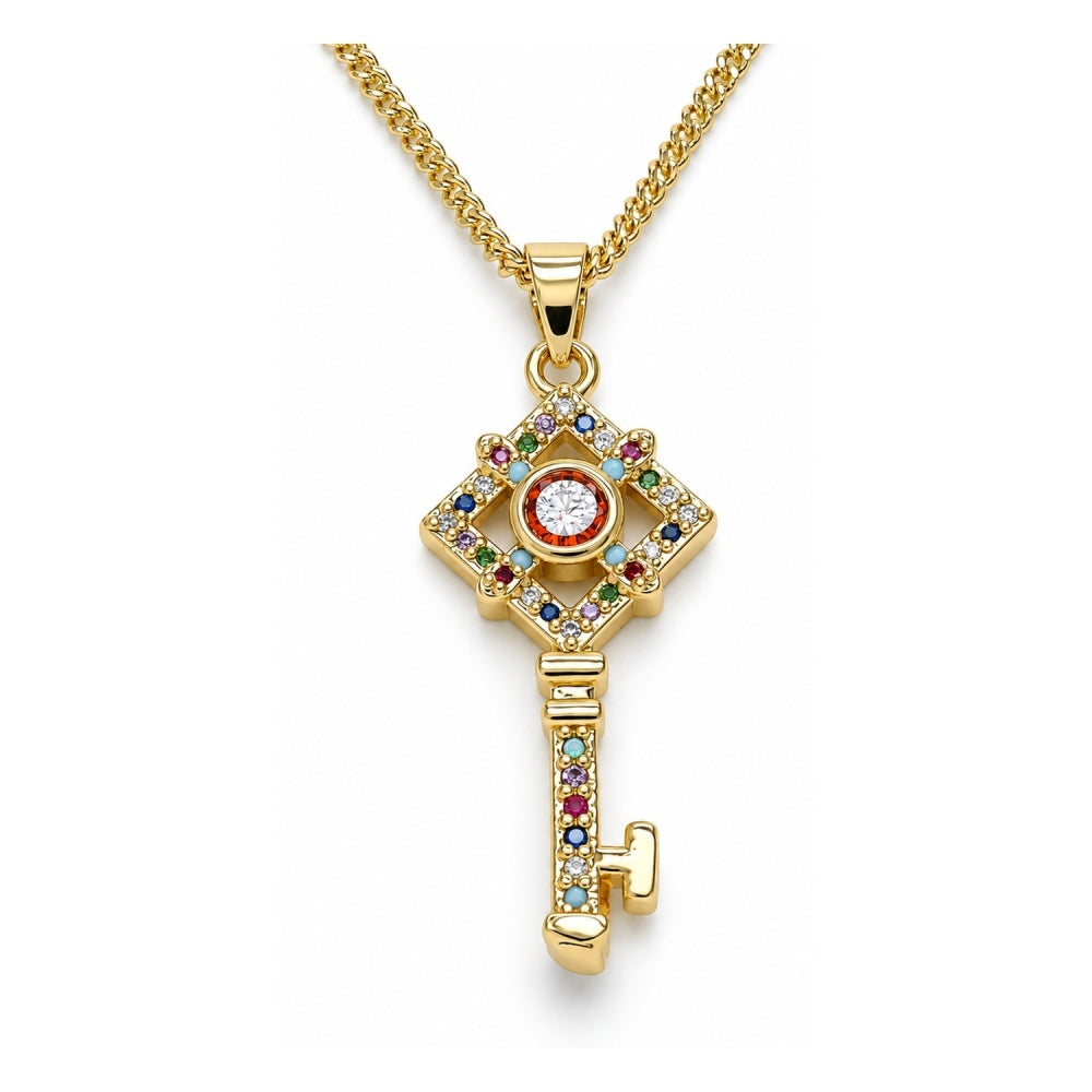 Oro Laminado Pendant Necklace, Gold Filled Style key Design, with Multicolor Micro Pave, Polished, Golden Finish