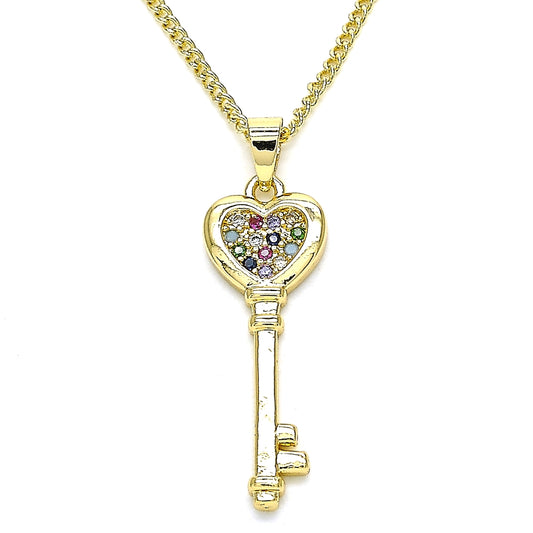 Oro Laminado Pendant Necklace, Gold Filled Style key and Heart Design, with Multicolor Micro Pave, Polished, Golden Finish