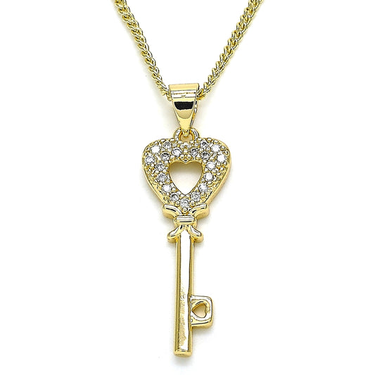 Oro Laminado Pendant Necklace, Gold Filled Style key and Heart Design, with White Micro Pave, Polished, Golden Finish
