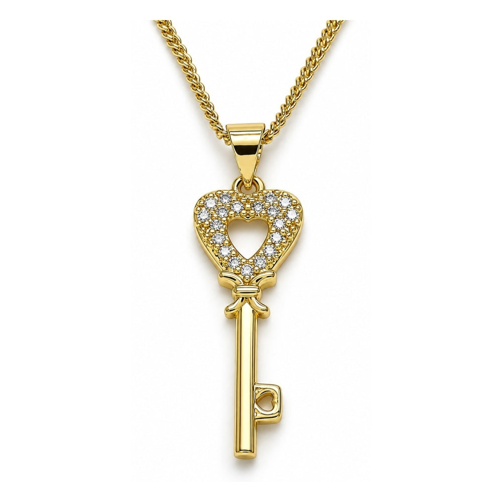 Oro Laminado Pendant Necklace, Gold Filled Style key and Heart Design, with White Micro Pave, Polished, Golden Finish