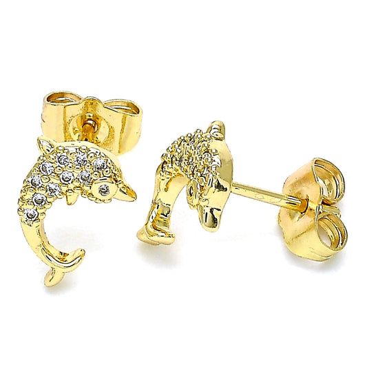 Oro Laminado Stud Earring, Gold Filled Style Dolphin Design, with White Micro Pave, Polished, Golden Finish
