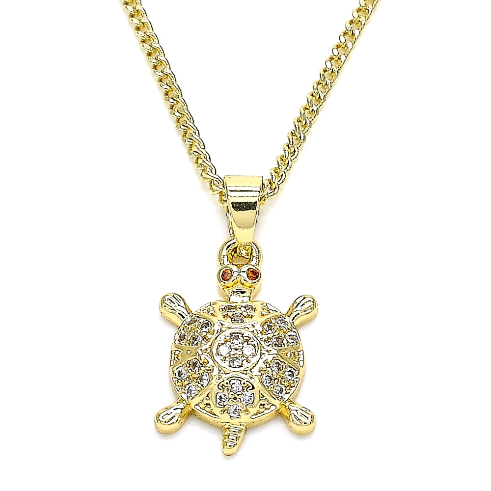 Oro Laminado Pendant Necklace, Gold Filled Style Turtle Design, with White and Garnet Micro Pave, Polished, Golden Finish