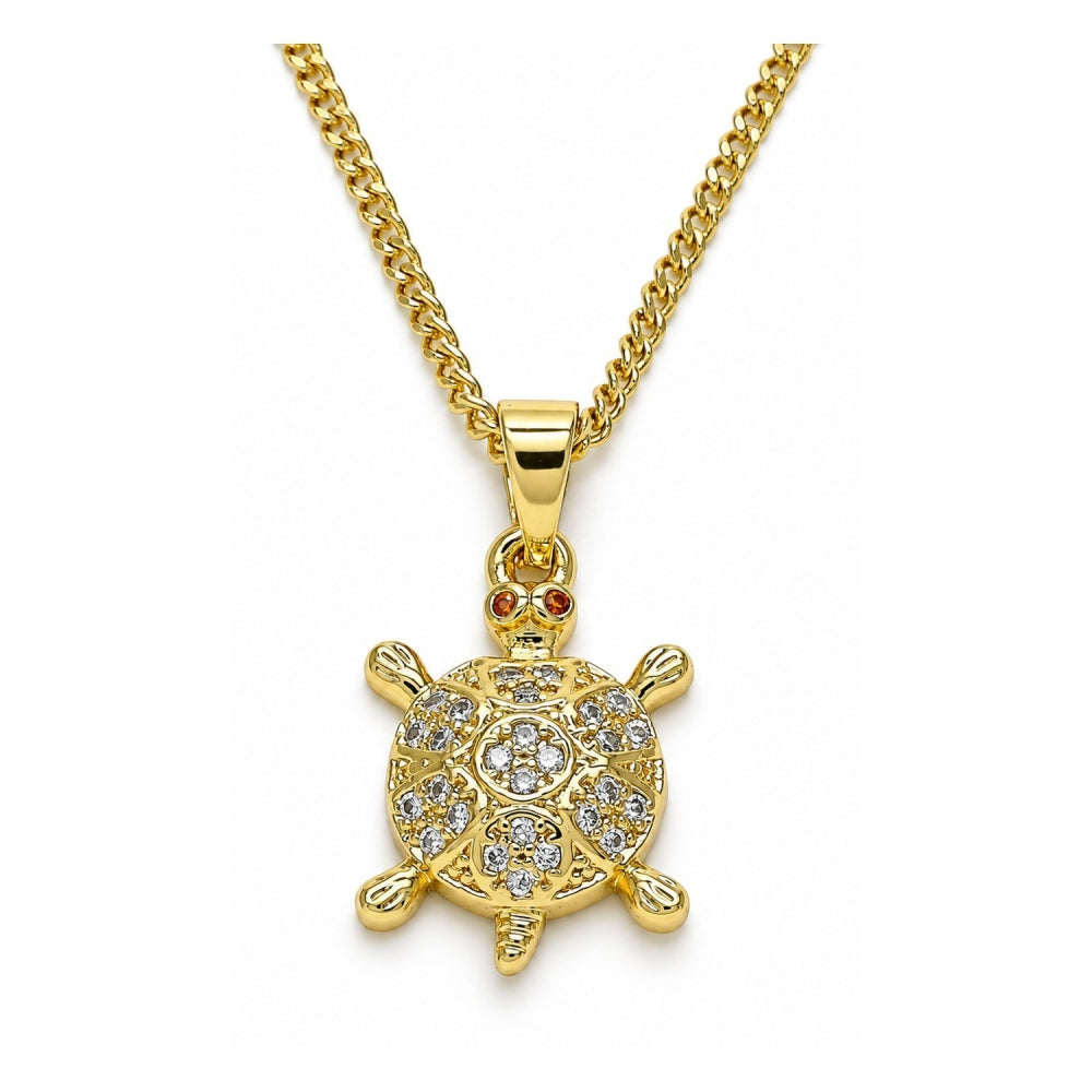 Oro Laminado Pendant Necklace, Gold Filled Style Turtle Design, with White and Garnet Micro Pave, Polished, Golden Finish