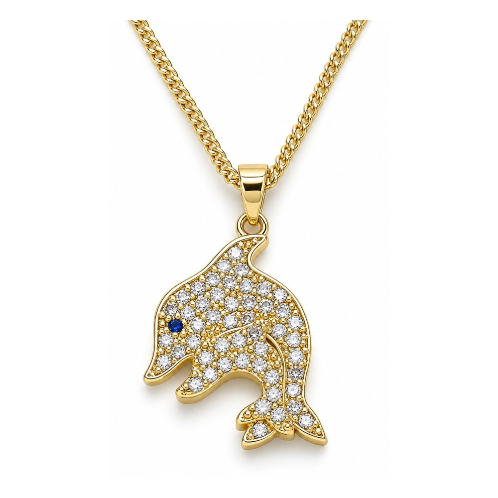 Oro Laminado Pendant Necklace, Gold Filled Style Dolphin Design, with White and Sapphire Blue Micro Pave, Polished, Golden Finish