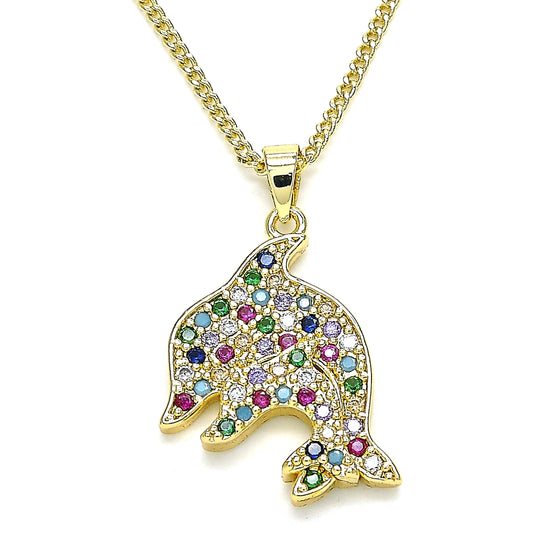 Oro Laminado Pendant Necklace, Gold Filled Style Dolphin Design, with Multicolor Micro Pave, Polished, Golden Finish