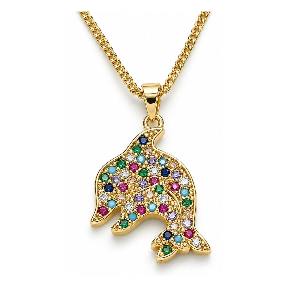 Oro Laminado Pendant Necklace, Gold Filled Style Dolphin Design, with Multicolor Micro Pave, Polished, Golden Finish