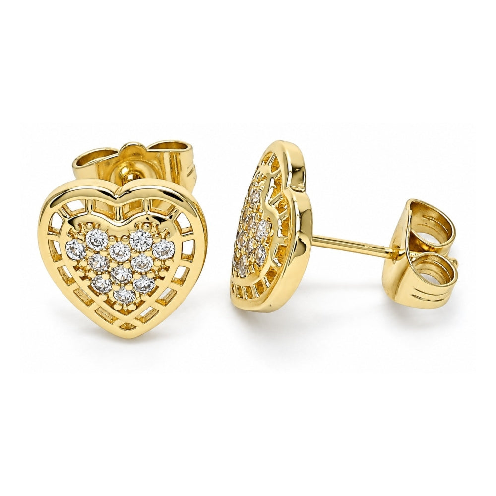 Oro Laminado Stud Earring, Gold Filled Style Heart Design, with White Micro Pave, Polished, Golden Finish